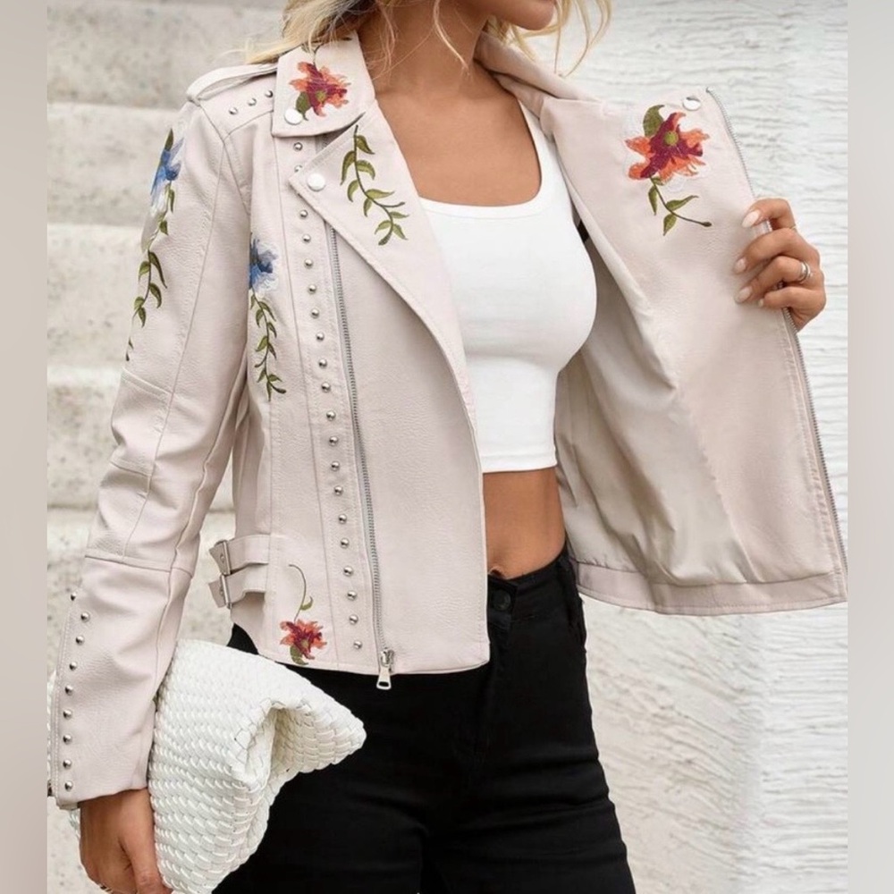 Floral Studded Moto Jacket Beige Faux Leather Embroidered Biker Style Jacket - Picture 5 of 9